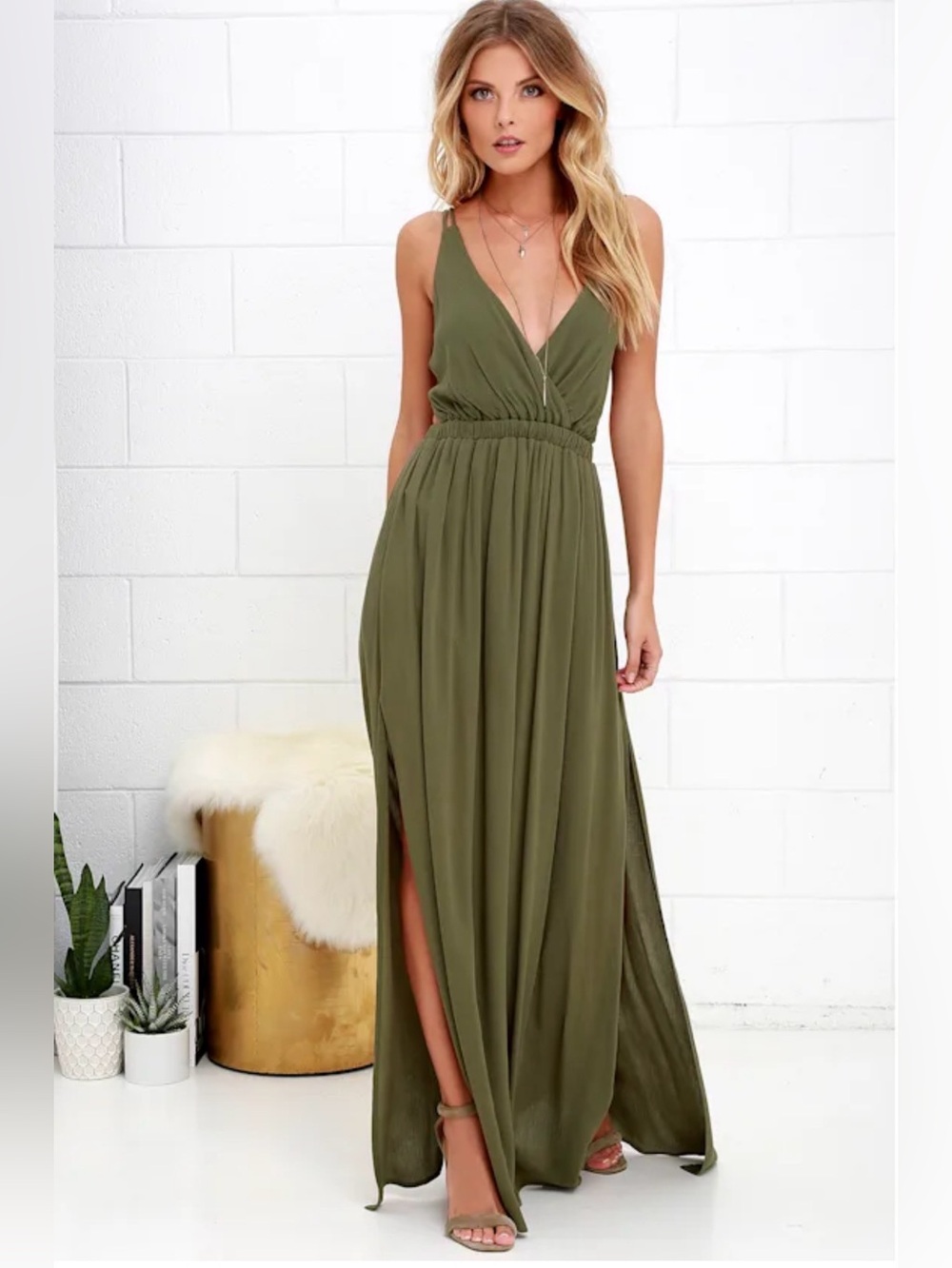 Lulus Lost In Paradise Olive Green Maxi Wrap Dress with Side Slits Size Small